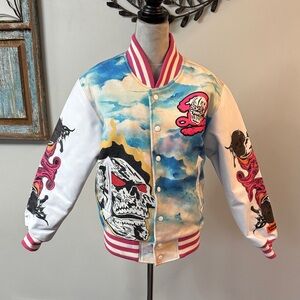 Brand X Colorful Skull Graphic Varsity Jacket XS
